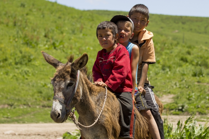 Enfants sur un âne dans les monts de Ferghana au Khirghistan